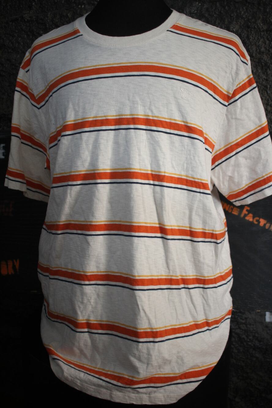 Superdry Striped T Shirt Mens 2XL White Orange Navy Embroidered Logo Crew Neck